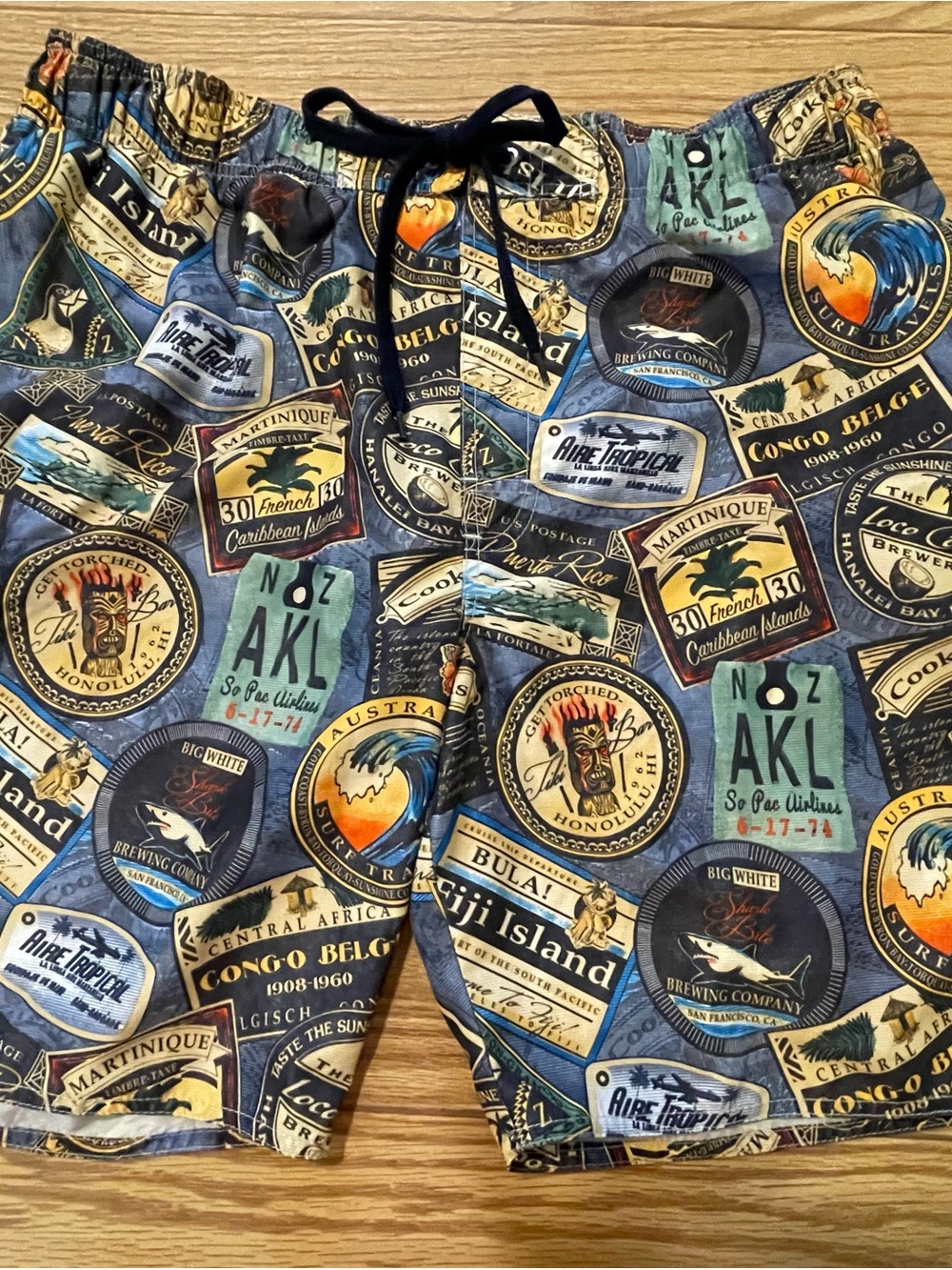 Men's Blue Multi-Graphic Athletic Swim Shorts with Drawstring Size XL